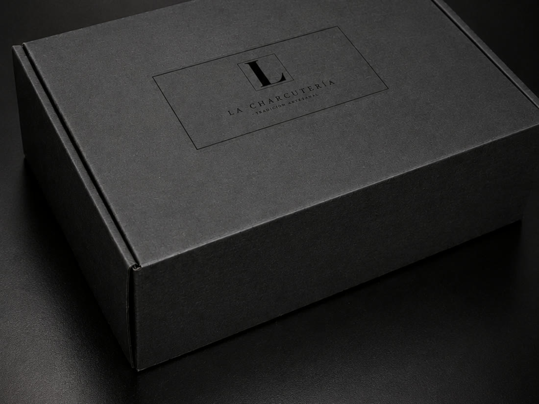 Caja de regalo corporativo de La Charcutería Artesanal, cerrada y con sello